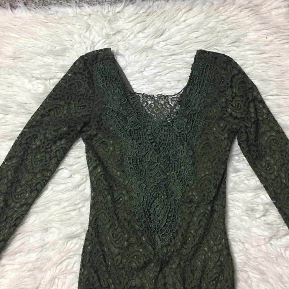 Charlotte Russe Paisley Lace Long Sleeve Bodysuit Olive Green Small Night Out - Picture 4 of 8